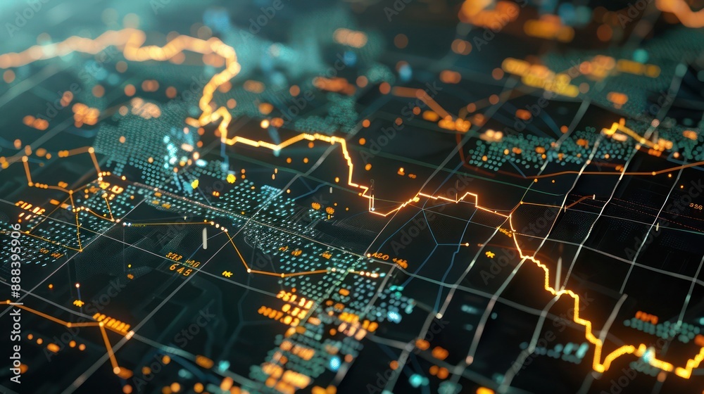 Detailed 3D chart of a company's financial growth trajectory, with illuminated paths showing past performance and future projections Detailed 3D chart of a company's financial growth trajectory, with illuminated paths showing past performance and future projections