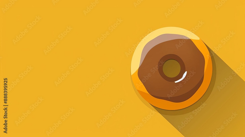 Flat lay of a chocolate glazed donut casting a long shadow on a bright yellow background, minimalist food photography. Flat lay of a chocolate glazed donut casting a long shadow on a bright yellow background, minimalist food photography.