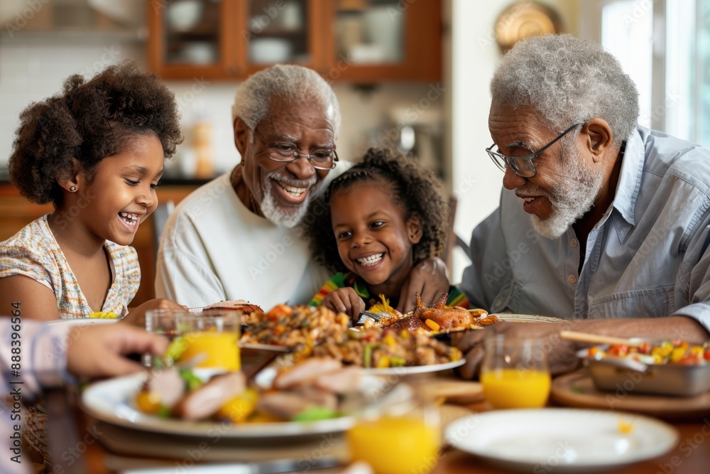 Happy multi generational african american family enjoying meal around dining table Happy multi generational african american family enjoying meal around dining table