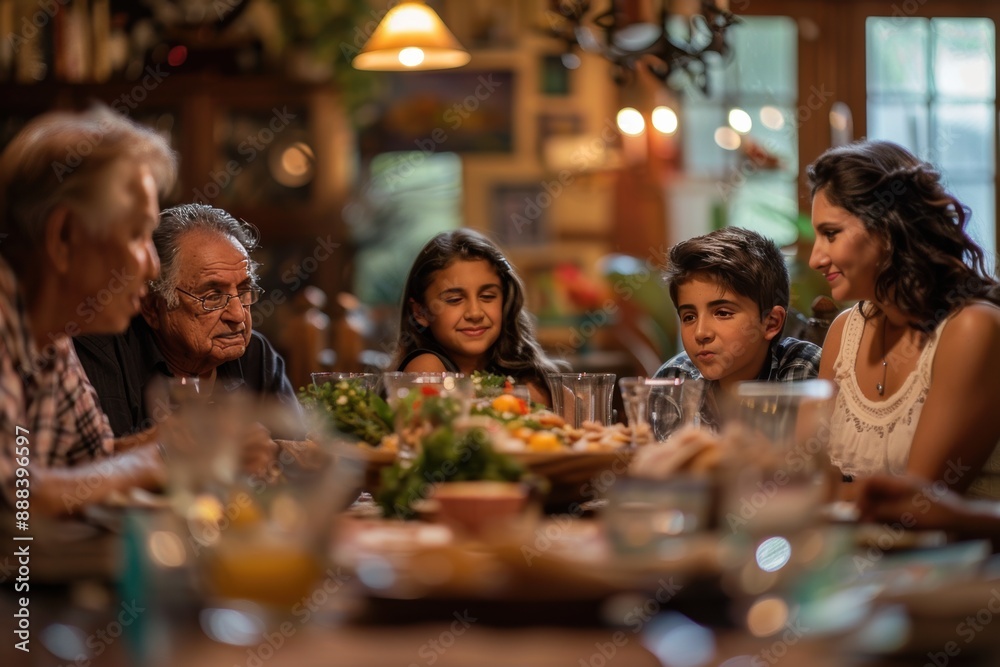 Multi generational family enjoying meal together around dining table Multi generational family enjoying meal together around dining table