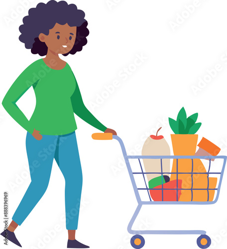 Woman pushing a shopping cart with groceries