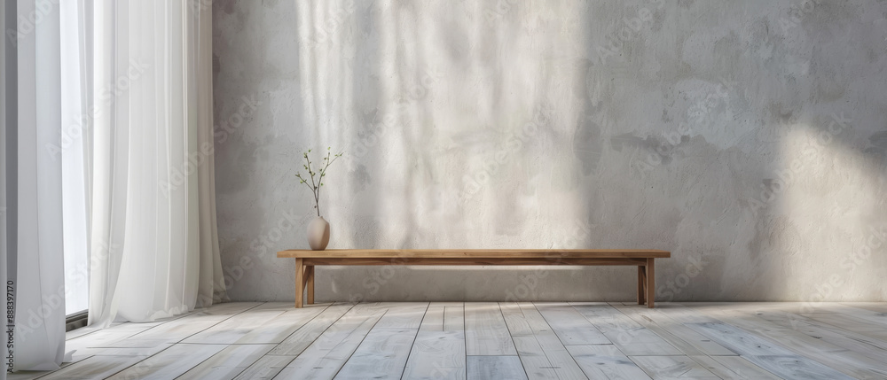 A minimalist room with a wooden bench, long shadows, and soft light streaming through sheer curtains, reflecting tranquil simplicity. A minimalist room with a wooden bench, long shadows, and soft light streaming through sheer curtains, reflecting tranquil simplicity.