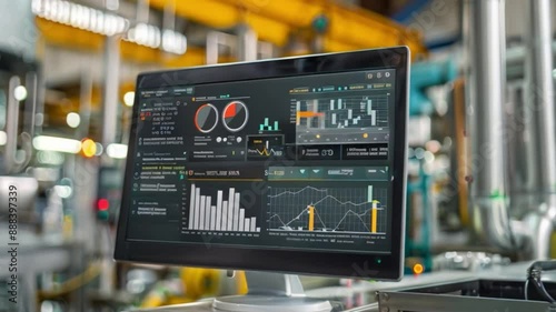 A computer monitor displays various data analytics charts and graphs, likely for industrial purposes, with a blurred factory background.