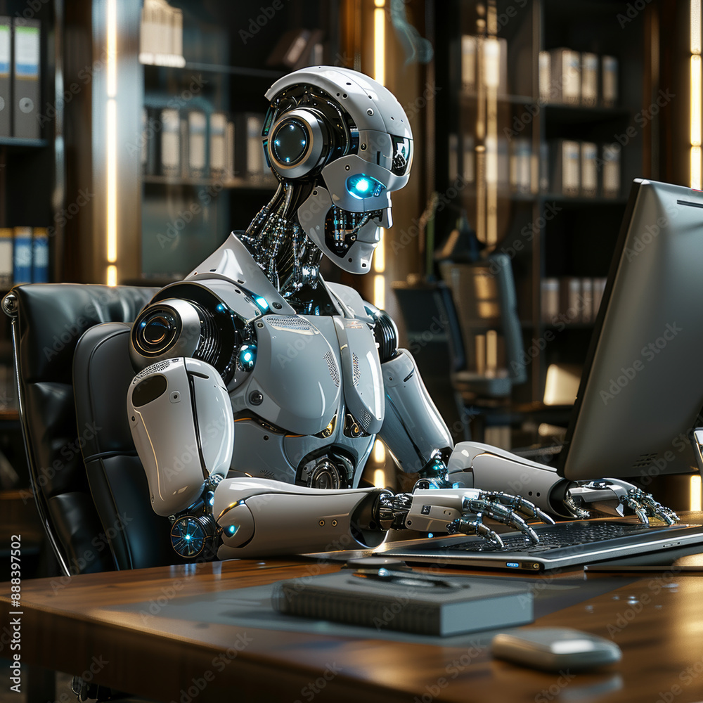 AI robot at his office desk AI robot at his office desk
