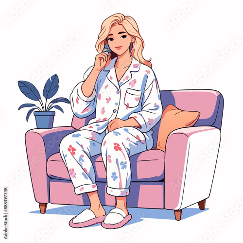 cute women, wearing pajama pants and fuzzy slippers, sit on sofa, illustration