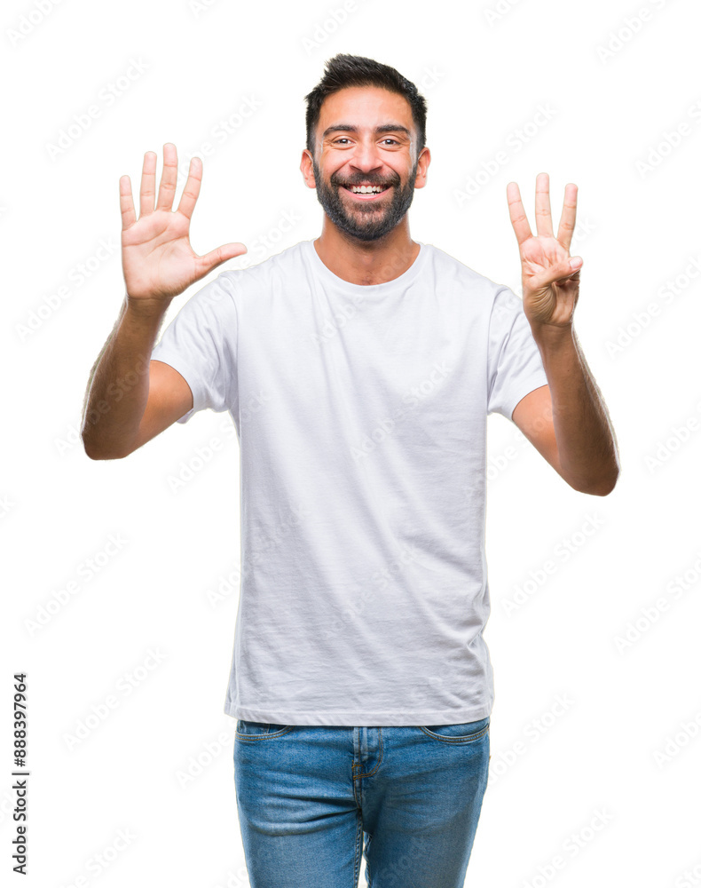 Adult hispanic man over isolated background showing and pointing up with fingers number eight while smiling confident and happy. Adult hispanic man over isolated background showing and pointing up with fingers number eight while smiling confident and happy.