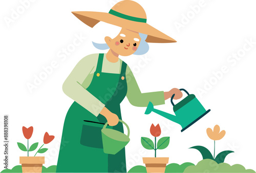 Elderly woman gardening with watering can