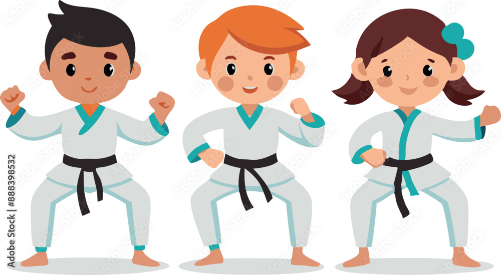 Kids practicing karate in white uniforms Kids practicing karate in white uniforms