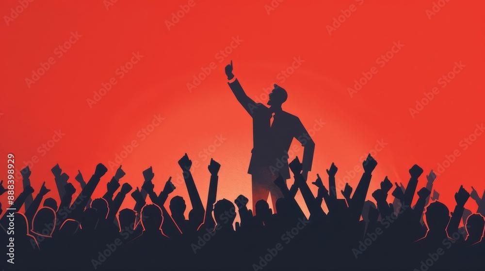 Illustration of a leader inspiring a cheering crowd with raised fists against a bold red background, symbolizing unity and empowerment. Illustration of a leader inspiring a cheering crowd with raised fists against a bold red background, symbolizing unity and empowerment.