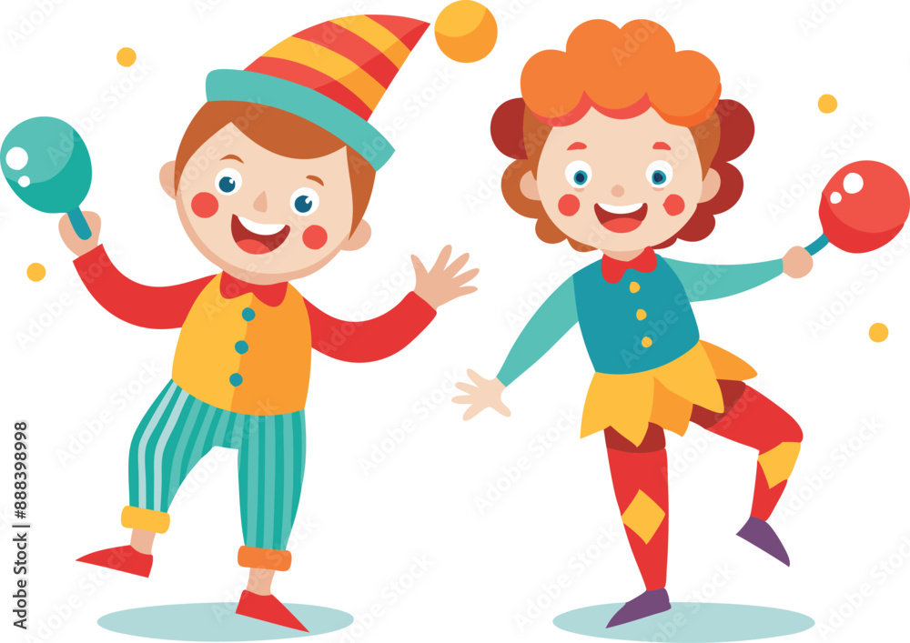 Children dressed as clowns playing with maracas Children dressed as clowns playing with maracas