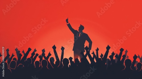 Illustration of a leader inspiring a cheering crowd with raised fists against a bold red background, symbolizing unity and empowerment.