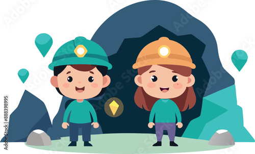 Children exploring a cave with helmets