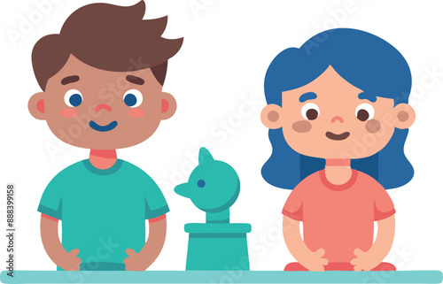 Boy and girl brushing teeth with happy expressions
