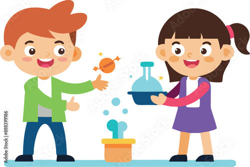 Children conducting a science experiment with plant and pot