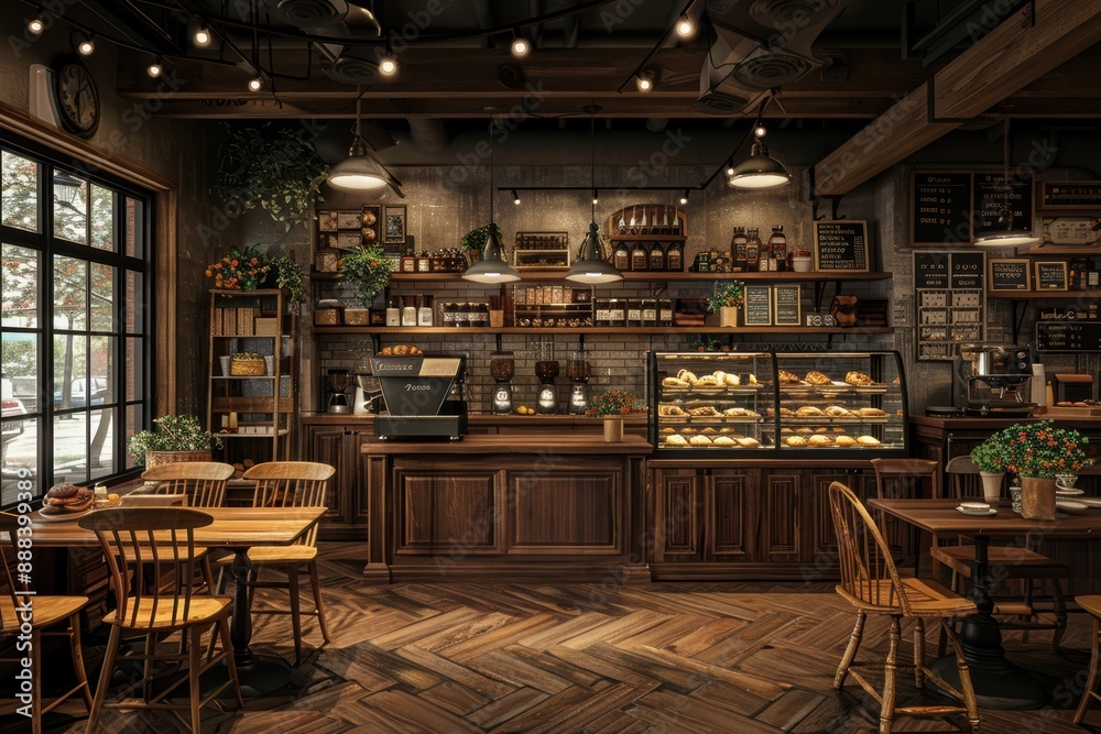 Empty coffee shop interior with nobody, offering warm atmosphere and delicious pastries Empty coffee shop interior with nobody, offering warm atmosphere and delicious pastries