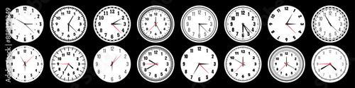 Mechanical clock faces with hands, bezel. Watch dial with minute, hour marks and numbers, arabic numerals. Timer or stopwatch element. Measuring circle scale with divisions. Vector illustration