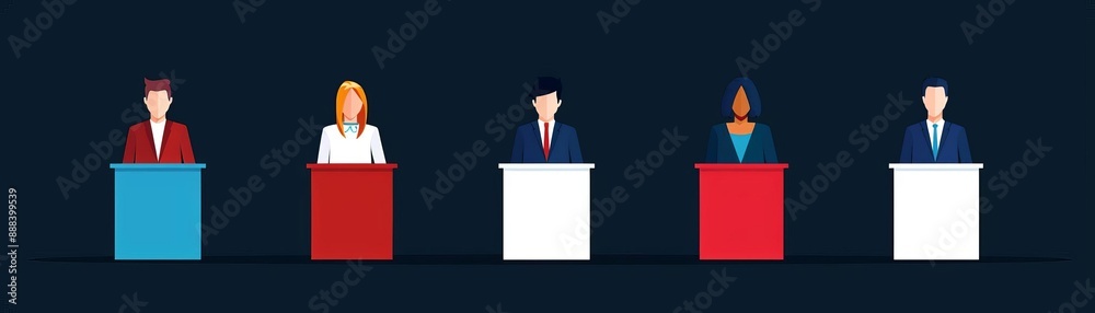 Obraz premium Illustration of five individuals standing at podiums during a political debate on a dark background, representing public speaking and democracy.