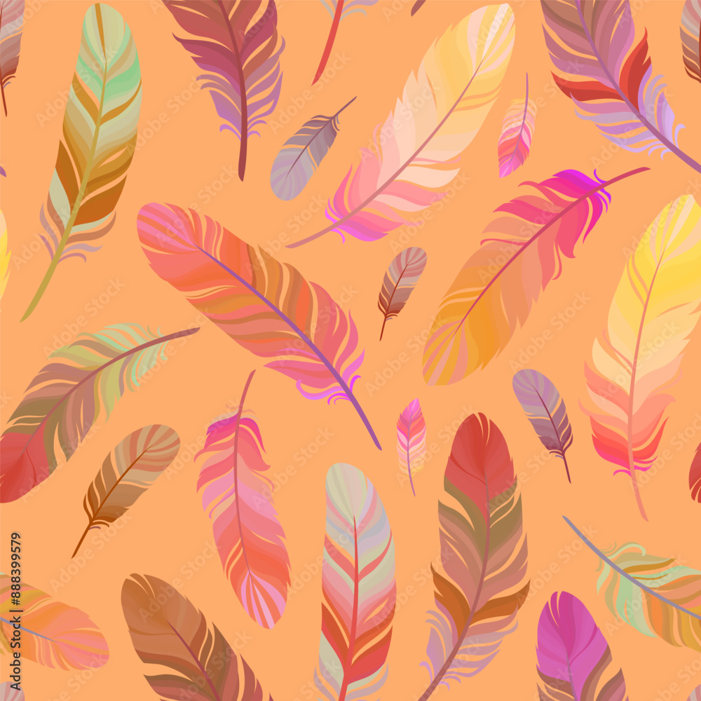 Cute pattern of multi-colored delicate painted feathers. Vector seamless illustration Cute pattern of multi-colored delicate painted feathers. Vector seamless illustration
