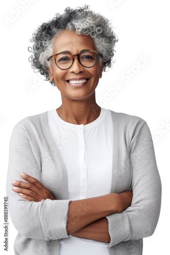Older black woman smiling, transparent background (PNG)