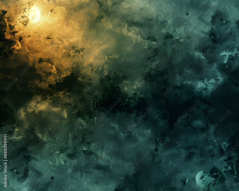 Dark, moody cosmic cloudscape featuring glowing yellow light breaking through the dense clouds. The abstract composition creates sense of mystery, depth, vastness of the universe Dark, moody cosmic cloudscape featuring glowing yellow light breaking through the dense clouds. The abstract composition creates sense of mystery, depth, vastness of the universe