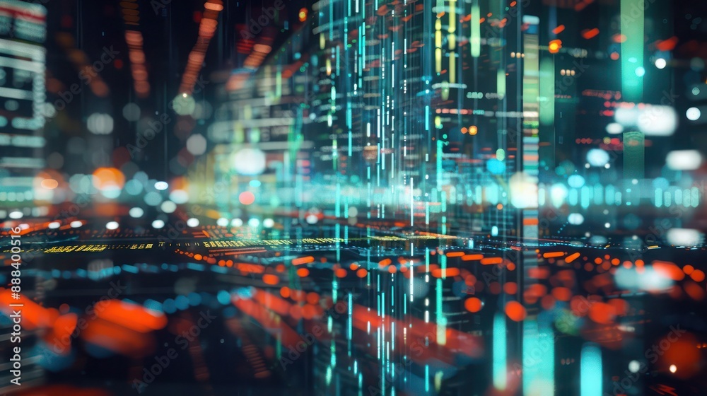 Fototapeta premium Detailed visualization of a stock market trading floor, represented abstractly with streams of data and light reflecting rapid transactions