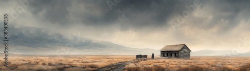 Isolated cabin in a vast, dramatic landscape under stormy skies, perfect representation of solitude and serenity.