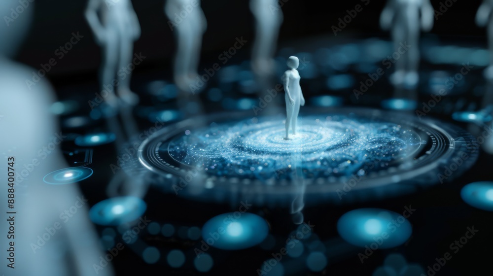 A highresolution detailed photo of a futuristic device model projecting holograms of galaxies and advanced AI interfaces surrounded by miniature floating screens and virtual assistant figures A highresolution detailed photo of a futuristic device model projecting holograms of galaxies and advanced AI interfaces surrounded by miniature floating screens and virtual assistant figures