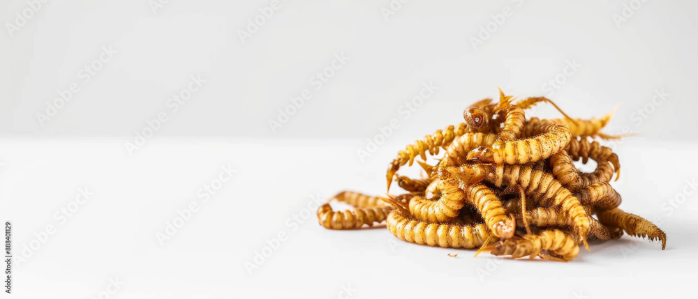 A pile of golden-brown mealworms sits atop a white surface, their segmented bodies intertwined, highlighting a unique aspect of entomophagy. A pile of golden-brown mealworms sits atop a white surface, their segmented bodies intertwined, highlighting a unique aspect of entomophagy.