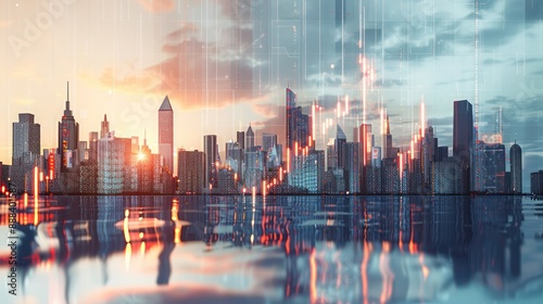 conceptual visualization of market capitalization changes, shown as a dynamic, fluctuating skyline where each building represents a company photo