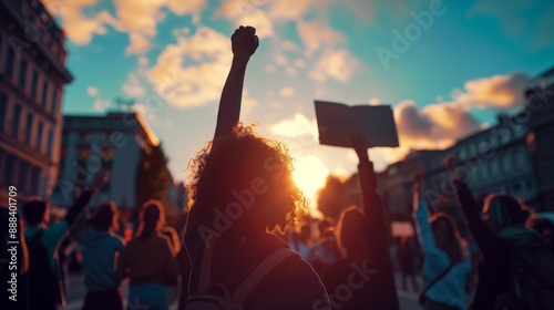 Activists marching during sunset with raised fist photo