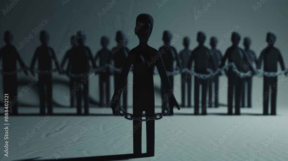 A powerful highdefinition photo of a person figurine with hands bound by chainlike word structures standing in front of shadowy crowd figures symbolizing societal pressures A powerful highdefinition photo of a person figurine with hands bound by chainlike word structures standing in front of shadowy crowd figures symbolizing societal pressures
