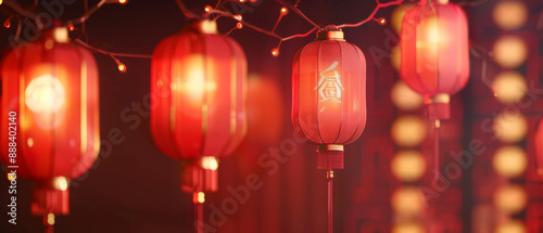 Vibrant red lanterns hang in a row, intricately designed and glowing warmly, creating a festive, traditional atmosphere.