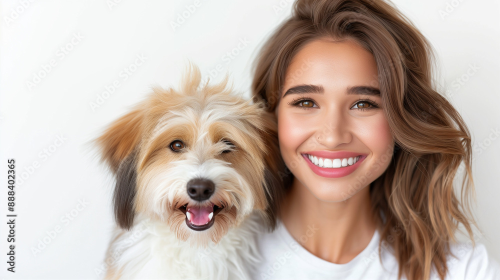 Happy Woman Smiling with Fluffy Cute Dog. Joyful Companionship Portrait Indoors Happy Woman Smiling with Fluffy Cute Dog. Joyful Companionship Portrait Indoors