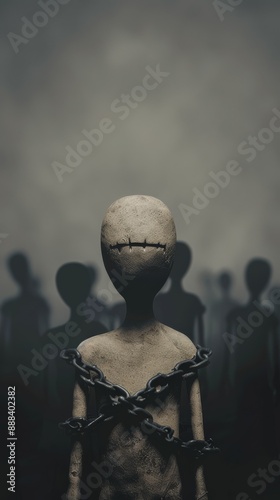 A powerful highdefinition photo of a person figurine with hands bound by chainlike word structures standing in front of shadowy crowd figures symbolizing societal pressures photo