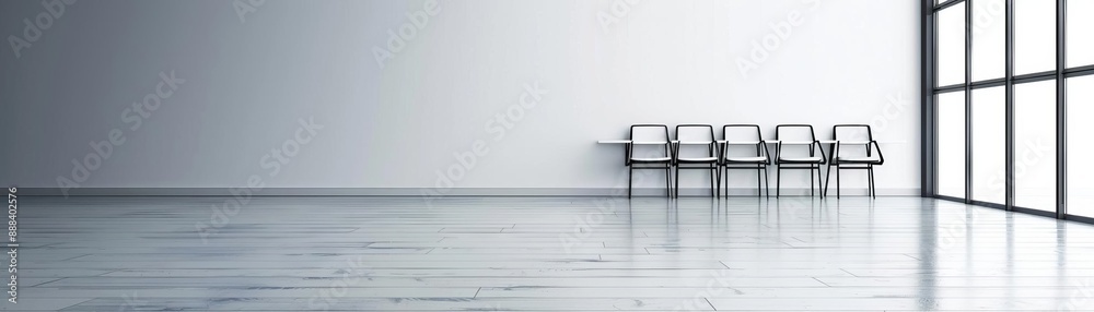 Modern empty waiting room with a row of chairs against a white wall and large windows, showcasing minimalistic interior design.
