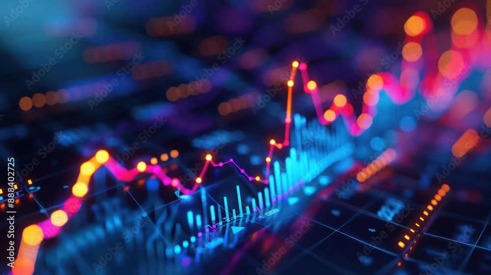Detailed 3D graph of a company's cash flow over time, with peaks and troughs illuminated to highlight financial trends