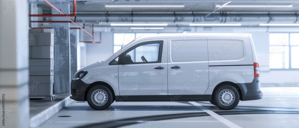 Fototapeta premium A white delivery van is parked in an organized, well-lit parking garage, showcasing neat and reserved spaces.