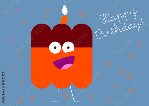Playful birthday card with a cartoonish candle-topped character on a cool blue background, with a cheerful "Happy Birthday!" greeting.