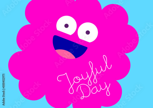 Fun birthday card with a bright pink character on a blue background, scripted with 