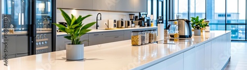 Modern office kitchen with white counters, potted plants and appliances in bright open plan space