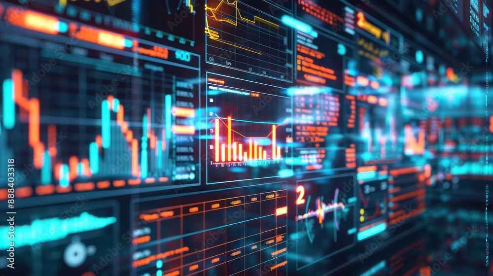 High-tech image of a financial strategy development process, visualized as a lab with digital screens displaying market analytics