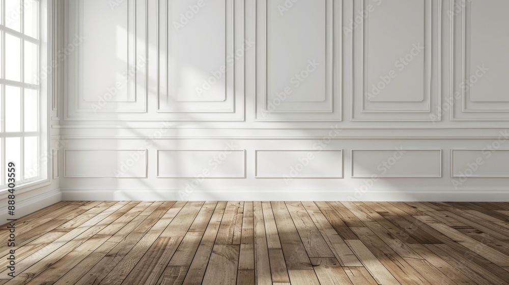 Modern classic white empty interior with wall panels and wooden floor. Room background abstract Modern classic white empty interior with wall panels and wooden floor. Room background abstract