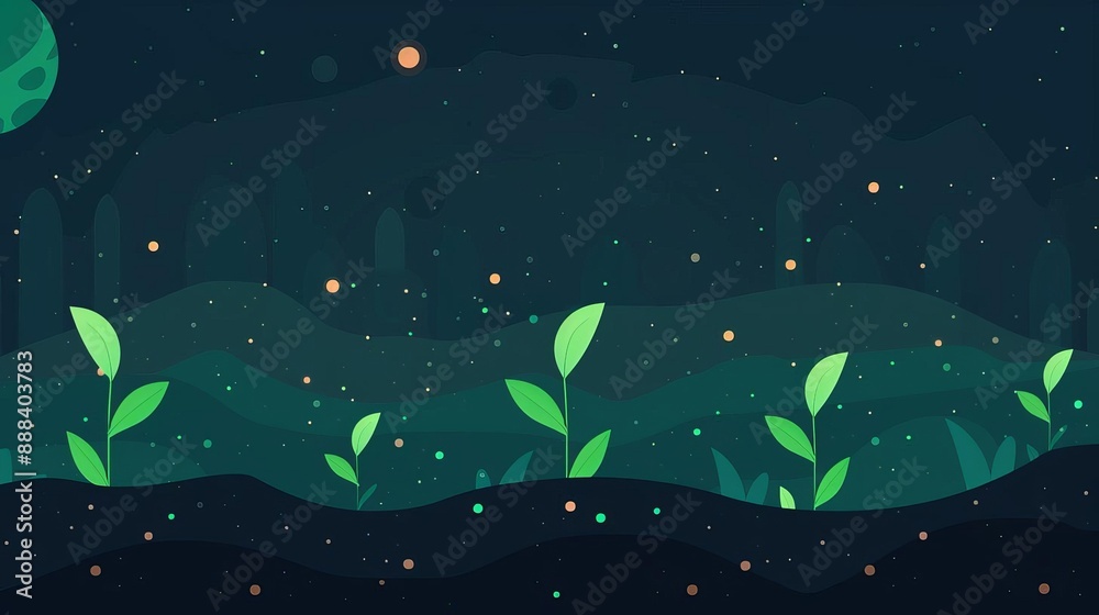 Fototapeta premium Nighttime landscape with small sprouting plants against a starry sky backdrop, creating a serene and cosmic atmosphere.