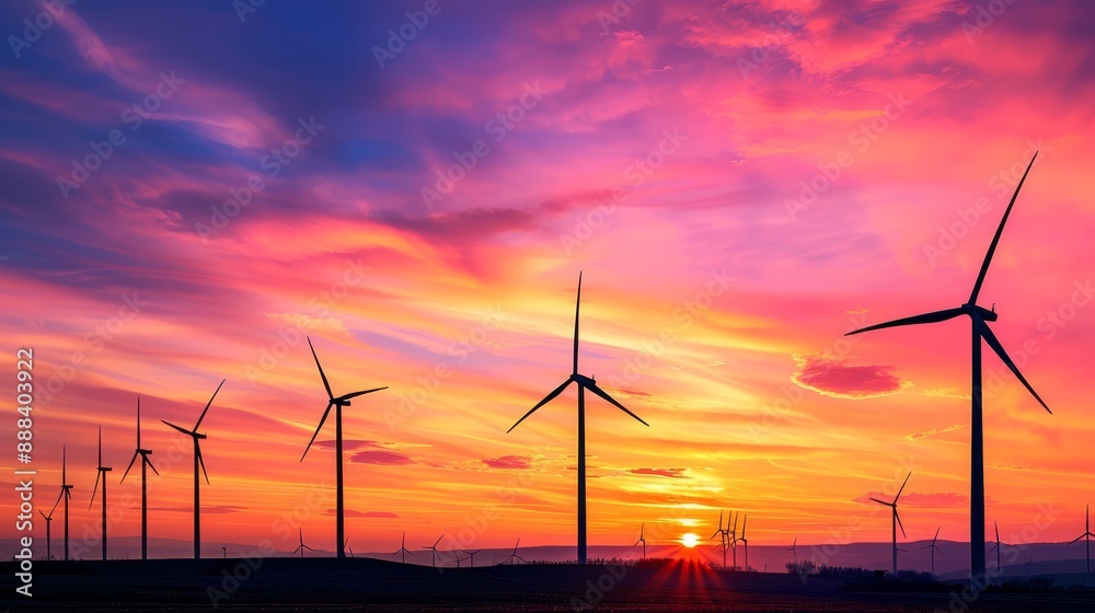 Obraz premium Wind turbines at sunset with a colorful sky, representing renewable energy, sustainability, and environmental concepts