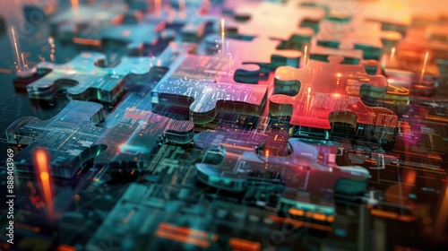 digital art piece depicting the strategic planning of a multinational corporation, visualized as a complex 3D puzzle being assembled