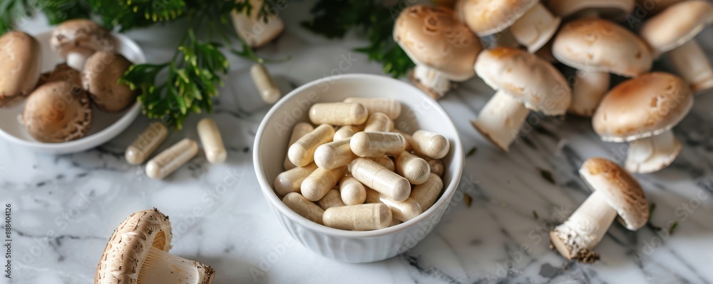 Mushroom supplement bottle with fresh mushrooms on beige background. Free copy space for banner. Mushroom supplement bottle with fresh mushrooms on beige background. Free copy space for banner.