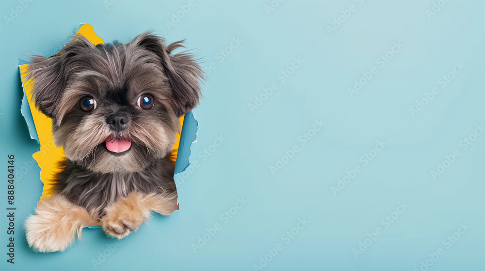 Cute Shih Tzu Puppy with Adorable Expressions Peeking Through Colorful Paper. Happy and Playful Small Dog Portrait Cute Shih Tzu Puppy with Adorable Expressions Peeking Through Colorful Paper. Happy and Playful Small Dog Portrait
