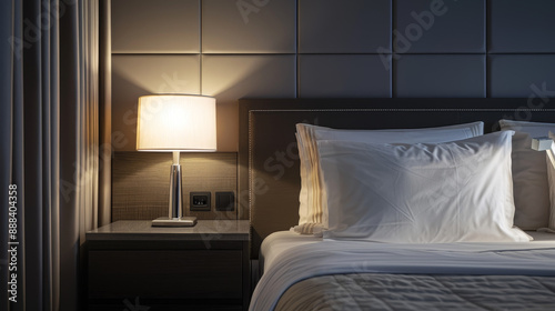 Wallpaper Mural A king-size bed is positioned in a bedroom, accompanied by a stylish lamp, creating a comfortable and inviting space. Torontodigital.ca