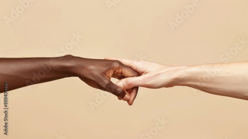 Close-up of a handshake between a black and white person, symbolizing diversity, cooperation, and equality