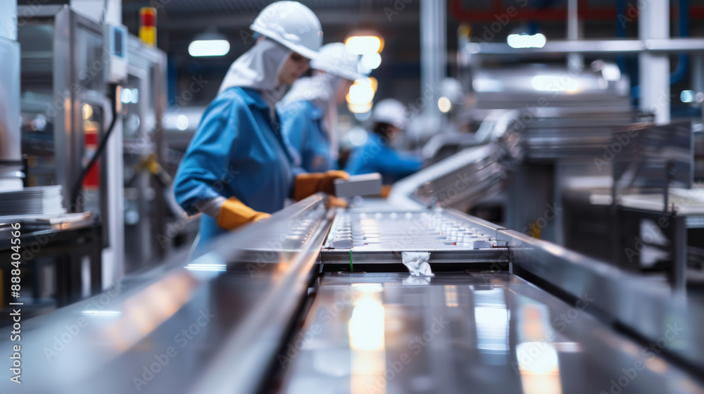 Obraz premium Workers with protective gear focus on their tasks in a modern, efficient assembly line within an industrial manufacturing plant.